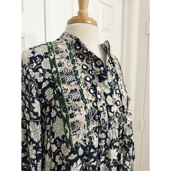 Miss June Oceane Floral Navy & Green Floral Bell Sleeve Bohemian Dress M L OS - Picture 3 of 7